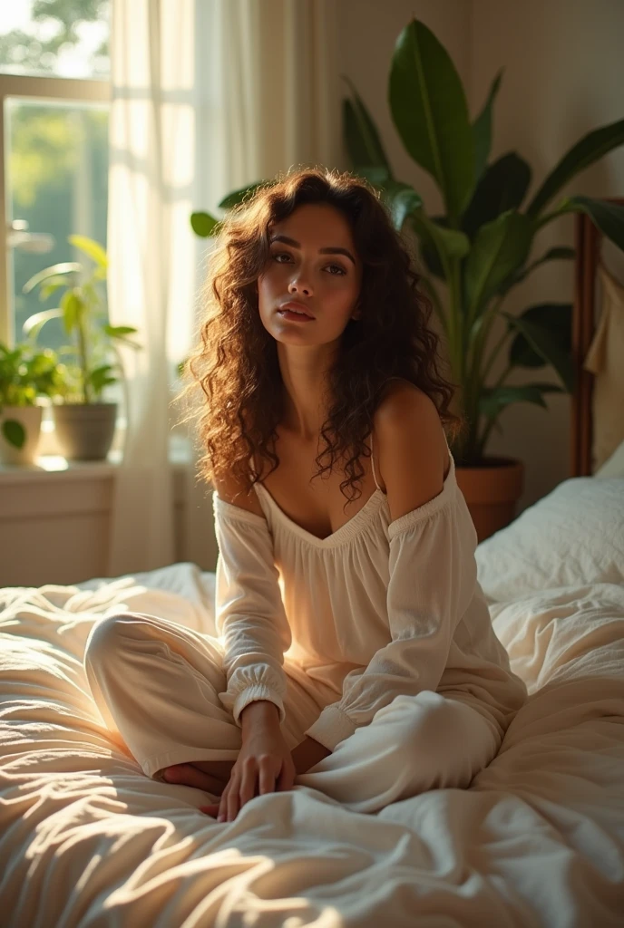 (photorealism:1.2), beautiful woman, sitting on bed, wearing loose off-shoulder top, pajama pants, long curly hair, indoors, soft lighting, plants in background, window with sunlight, cozy room, relaxed pose, realistic, intricate details, warm colors, by Greg Rutkowski, by Alphonse Mucha