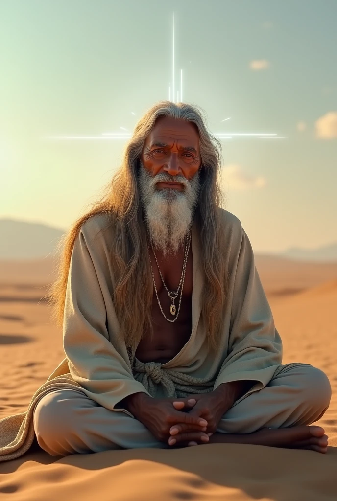 (photorealism:1.2), old indian, Or, in the desert, long gray hair, Clean-shaven face, glowing aura, relaxed posture, realistic, complex parts