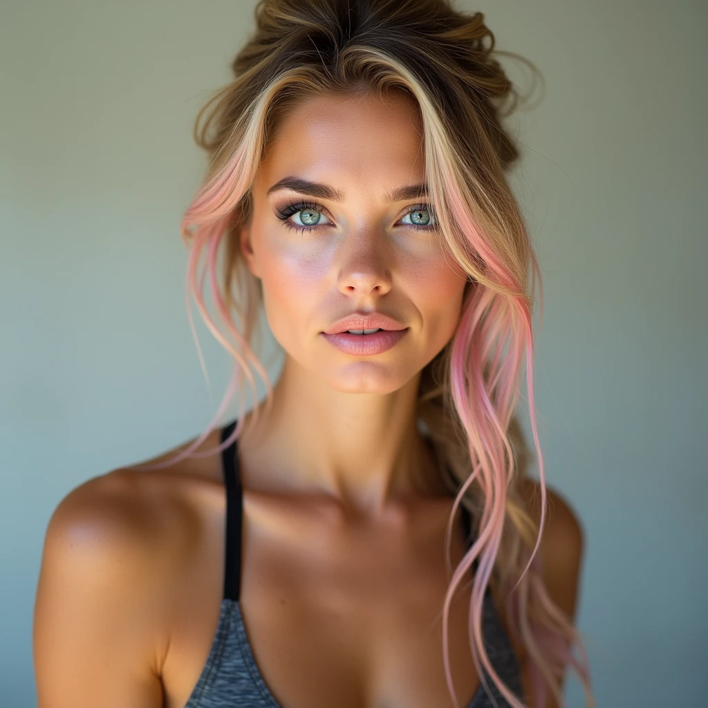 "((Photo mi-longueur d'une belle fille)), ((Nationalité italienne)), ((blonde aux reflets roses)), ((Cheveux attachés)), La fille a l'air timide, ((Visage détaillé)), ((peau détaillée)), silhouette attrayante, ((grands yeux bleus ronds)), eye-liner noir, ((Lèvres sensuelles)), pose suggestive, ((s&#39;entraîne à la salle de sport)), ((vient de terminer une séance de sport du matin)), ((La photo doit être de la plus haute qualité)), ((très réaliste)), ((naturel)), ((clair)), Gros plan de la personne, environ 20 ans."