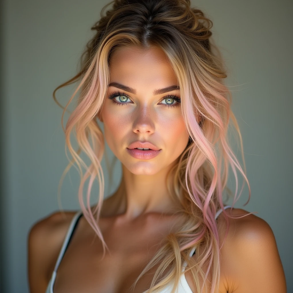 "((Photo mi-longueur d'une belle fille)), ((Nationalité italienne)), ((blonde aux reflets roses)), ((Cheveux attachés)), La fille a l'air timide, ((Visage détaillé)), ((peau détaillée)), silhouette attrayante, ((grands yeux bleus ronds)), eye-liner noir, ((Lèvres sensuelles)), pose suggestive, ((s'entraîne à la salle de sport)), ((vient de terminer une séance de sport du matin)), ((La photo doit être de la plus haute qualité)), ((très réaliste)), ((naturel)), ((clair)), Gros plan de la personne, environ 20 ans."