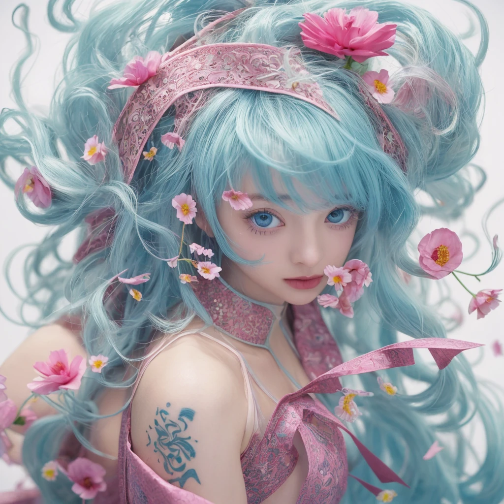 Light blue and pink color scheme，Sexy Girl ，tiny body，Petite，white curly hair