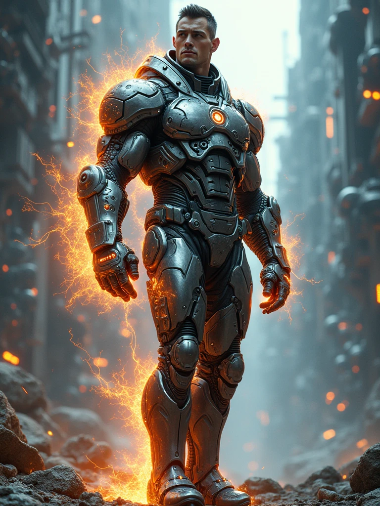 a heroic figure in a futuristic uniform, highly detailed, volumetric manipulation, density control, sci-fi, cinematic lighting, 8k, photorealistic, intricate details, dynamic pose, complex machinery, powerful energy field, metallic sheen, advanced technology, dramatic composition