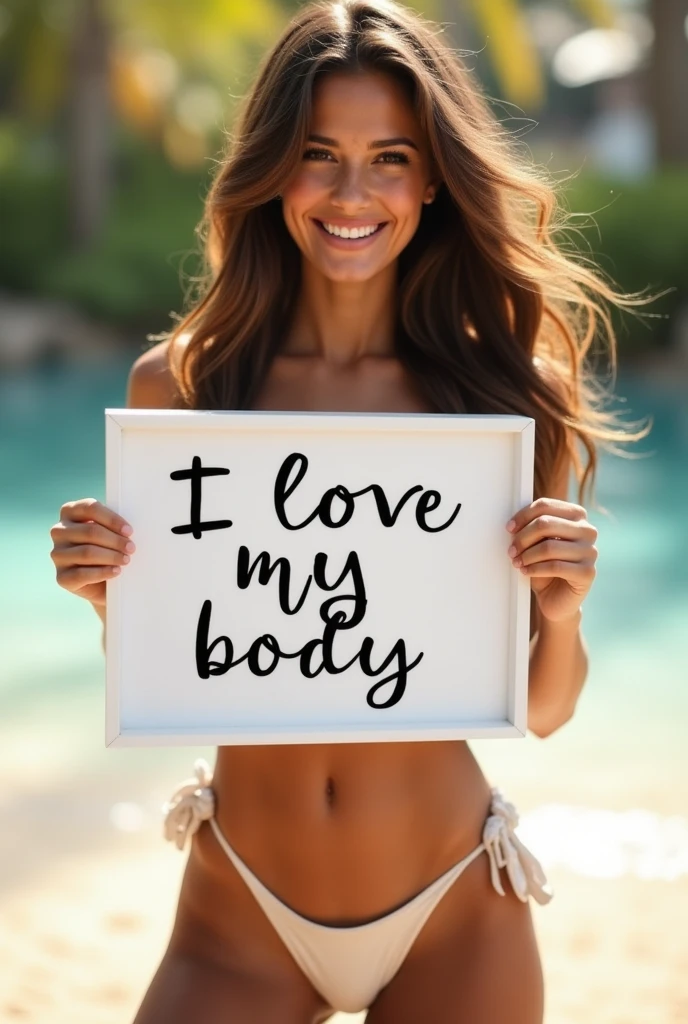 Beautiful girl with wavy long hair, bikini, holding a white board with text "I Love My Body" and showing it to the viewer