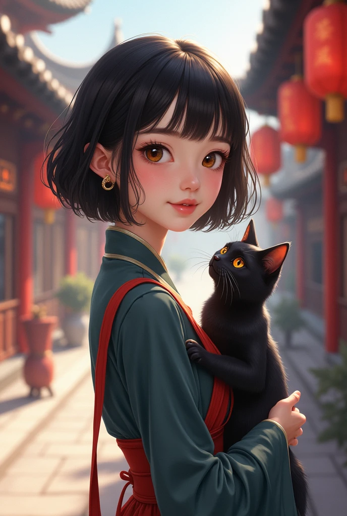Chinese woman. A wavy black short haircut. Pale skin. light brown eyes. Anime. She's holding a black cat. Standing in front of Chinese street. Traditional chinese outfit. Smooth. 