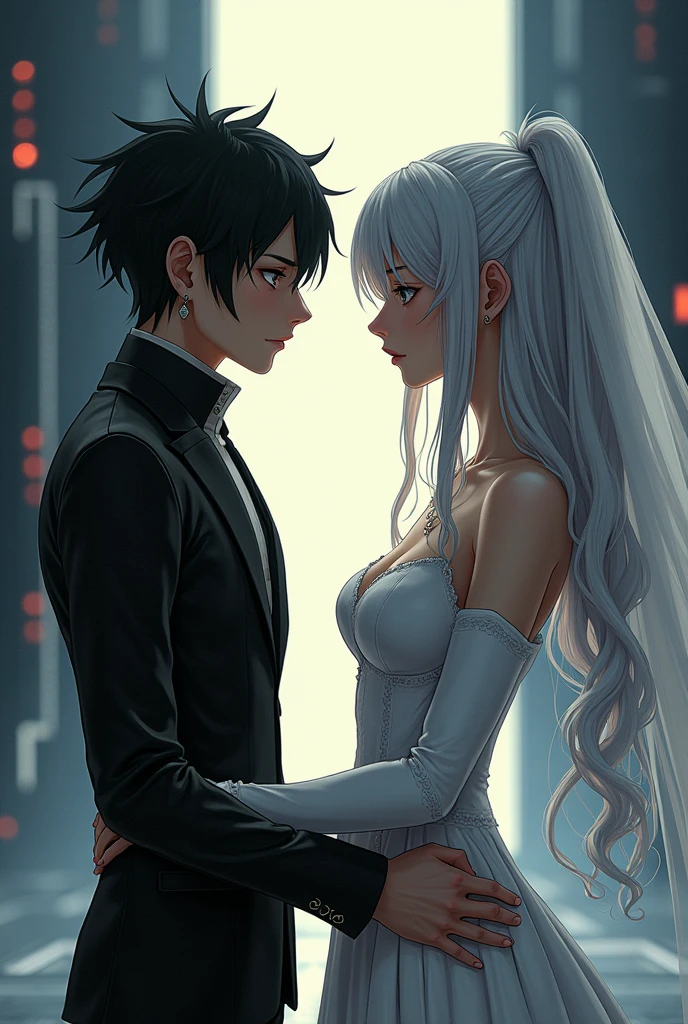 Sanakan and Cibo from Blame! Manga in a wedding dress), (sci-fi theme) Eyes staring at each other, suit black hair, dress striking silver hair, Futuristic atmosphere of the outfit A soft but bright light shines from above. Intimate and romantic atmosphere Highly detailed, exceptionally detailed, cinematic quality, emotionally charged scenes. 