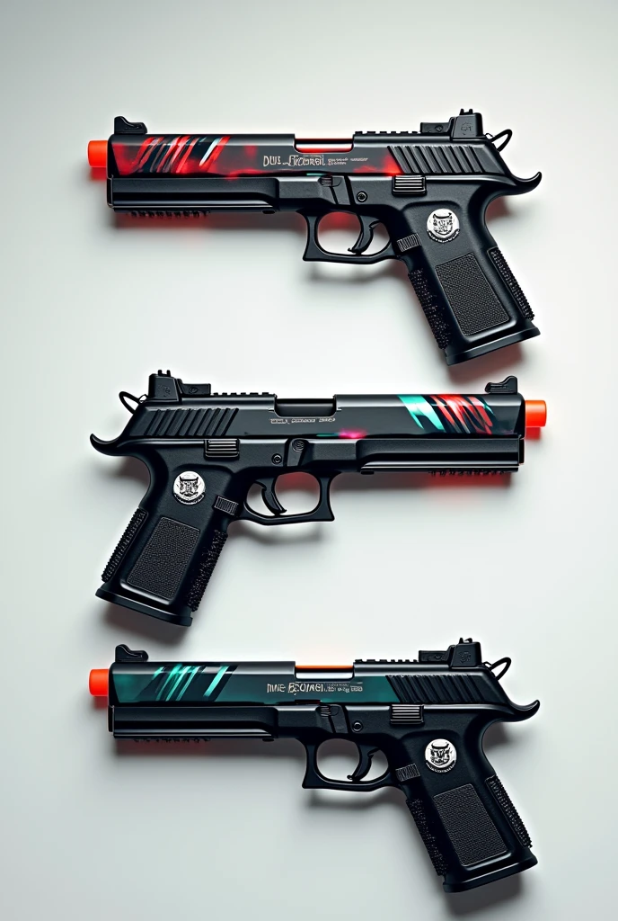 A design that lets you imagine choosing one from a variety of guns No people needed Guns only 「custom」I want three guns with letters on them. They're like logos that can be used in games.