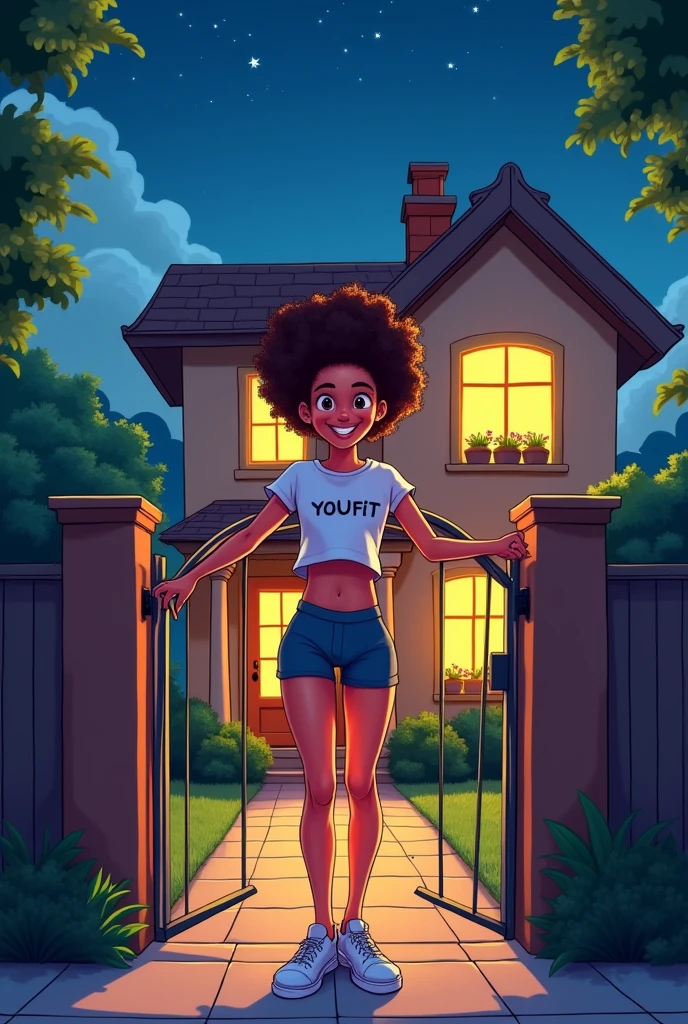 cartoon woman at the gate of a house at night in gym clothes with a t-shirt saying youfit