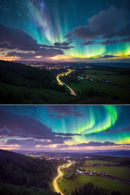 A highly realistic landscape at the moment of dawn, blending natural beauty with a touch of the mystical. The scene features a realistic depiction of nature, with detailed trees, rolling hills, and a winding path illuminated by the first light of dawn. The sky, transitioning from night to day, is filled with stars fading as the horizon begins to glow softly with dawn's light. Above, vivid auroras stretch across the sky, their colors blending subtly with the natural light, adding a touch of fantasy to an otherwise real-world setting. The overall atmosphere is serene and breathtakingly beautiful.