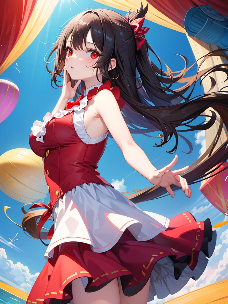 Beautiful illustration，cute female child，The upper part of the body，Be red in the face，astonishment，hand on own face，Wavy hair，sleeveless，From the side Side，nedium breasts，exteriors