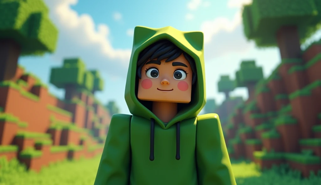 Make a minecraft boy werring a green hoddie black eyeis in minecraft background art