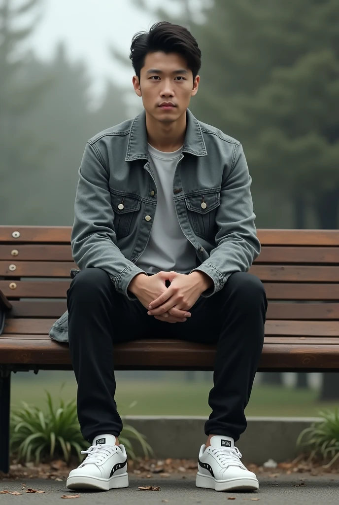 Please make me a photo showing an Asian man sitting facing the viewer on a bench The person is wearing a gray denim jacket, black pants, and white sneakers with text on it.  ...