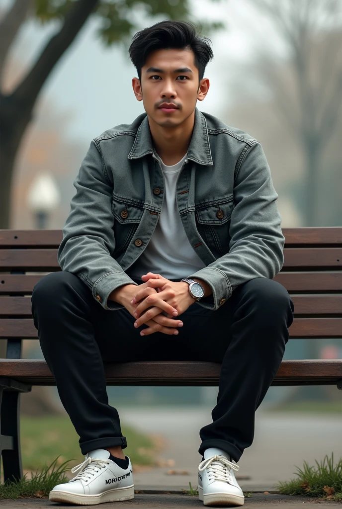 Please make me a photo showing an Asian man sitting facing the viewer on a bench The person is wearing a gray denim jacket, black pants, and white sneakers with text on it. ...
