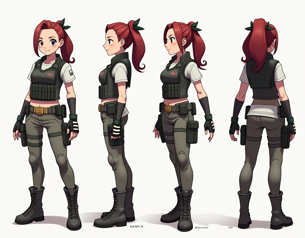 Sonia,pokemon,Standing Girl, cute, 1 girl, , 4-sided design, Diagonals, front, back, profile, Head to body ratio 5, character sheet, whole body, simple background, Four perspectives, tactical gear, bulletproof vest, Good quality, high detail, researcher,Pokemon bowser,ultra detailed, masterpiece, best quality, aesthetic, detailed