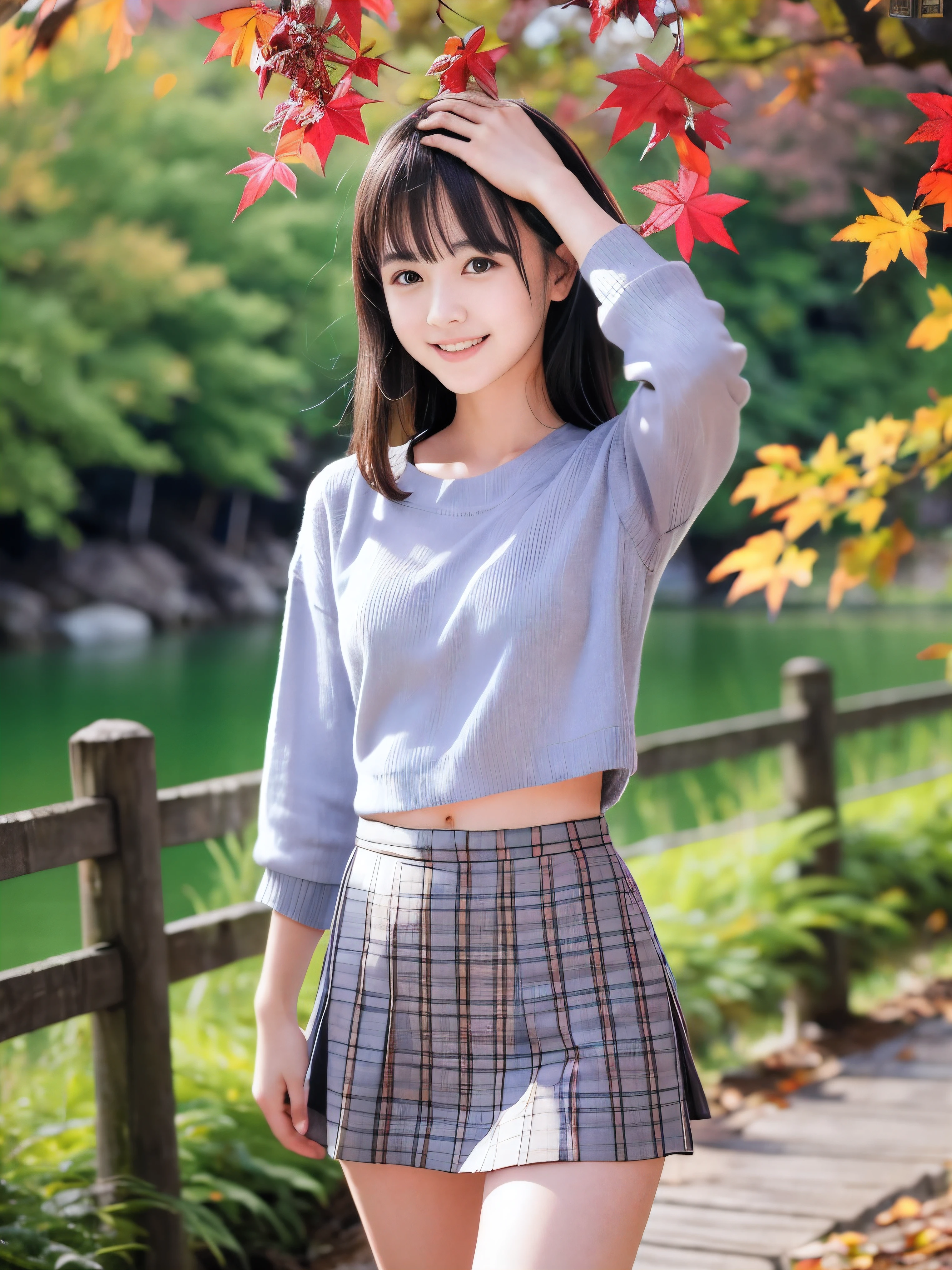 (Close up face shot of one slender small breasts half up brown long hair with bangs girl in a long sleeves shirt and sweater and skirt:1.5)、(One girl is dancing with happy smile on the dart road near the lake and big waterfall in Japan:1.5)、(Beautiful autumn red leaves landscpe:1.5)、(Natural light:1.5)、(8k ultra detailed master piece:1.5)、(perfect anatomy:1.5)、(Photorealistic stick:1.5)、(Raw photo:1.3)、(highest quality:1.5)、(High resolution:1.3)、(Delicate and beautiful perfect face:1.3)、(Delicate and beautiful eye air skin:1.3)、(Real Human Skin:1.3)、((thin legs))