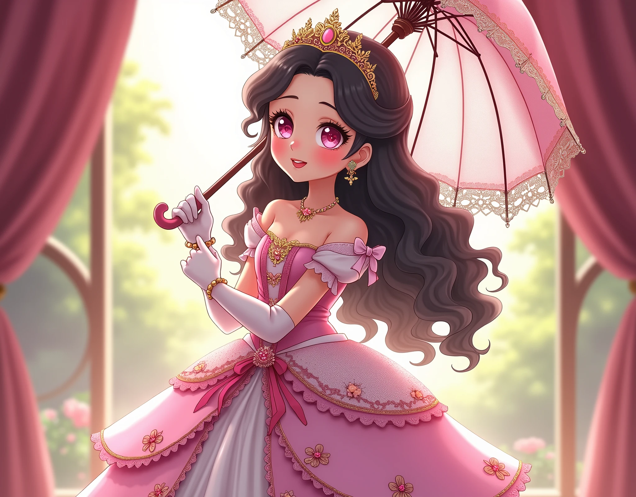 (best quality,4k,8k,highres,masterpiece:1.2),ultra-detailed, closed up portrait of a age boy who got magically transformed into a cute princess, gender bending, fantasy, royalty, fantastic transformation, Medium: Anime-style, portraits Additional details: Soft sunlight filters through the curtains, casting a warm glow on the room. pink eyes, long curly black hair, is happy, joyful expression, playful and feminine pose, effeminate and dainty body, very girly face, long eyelashes, beautifully detailed lips with lipstick, pink puffy victorian gown, dominant hues of pink and white, bodice with short sleeves, bustle, physically-based rendering,gorgeous dress design,flowing gown,elaborate lace details,rich textures,contrast stitching,delicate ribbon bows,floral accents, flowers embroidery,full skirt,long sleeves,fitted waistline,flared cuffs,lace-up back,luxurious fabrics,flawless silhouette, petticoat, bloomers, white elbow gloves, corset, tiara, gold earrings and necklace, ribbons, high heels, lipstick, makeup, blue eyeshadow, standing in a castle garden with a elegant manners, holding a lacy umbrella, glowing magical aura, masterpiece, dominant hues of pink and white, bokeh, highly detailed, 4K