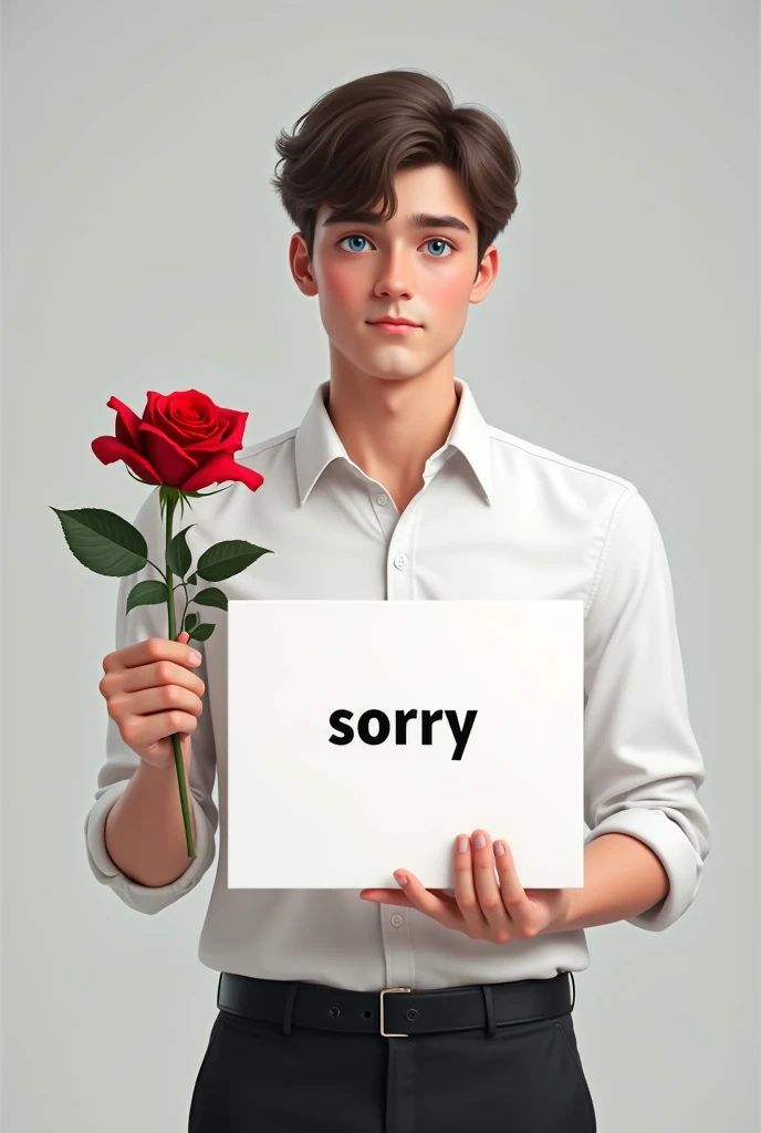 A young cute boy age 24 his face is so cute,blue eyes,white shirt, black pant, holding a white board in right hand with text "sorry and showing it to the viewer and in left hand a beautiful red rose