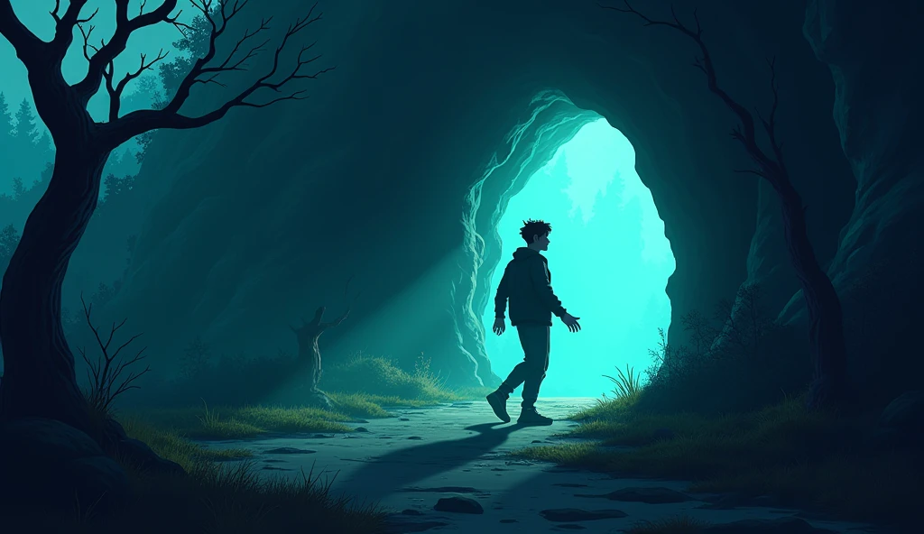 A 25 years boy  is watching horror cave in village to know more about this thinking about cave cave cartoon pic
