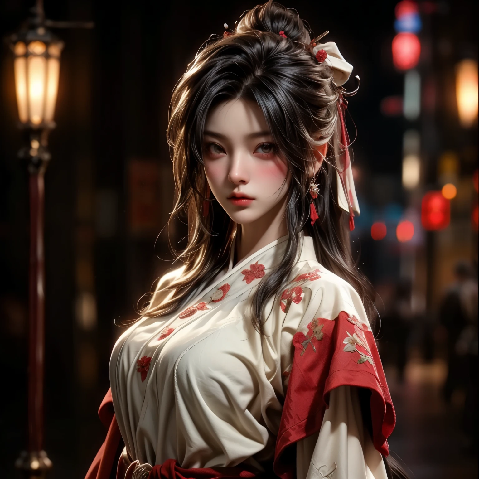 (best quality)), ((Masterpiece)), (details:1.4), 3d, HDR (high dynamic range), an image of a beautiful cyberpunk female, Cyberpunk, Fantasy, Ash gray hair, Long hair, Beautiful Red eyes, จมูกโด่ง, ปากแดง, หน้าอกใหญ่, nvidia RTX, PBR surface, After processing, Anisotropic filtration,depth of field, Maximum clarity and clarity, multi-layered surface, Subsurface scattering, perfect proportions, 8K raw files, ultra detailed, Perfect proportions, volumetric lighting, soft lighting, Holy Paladin, Heavy Red Armor, Red dress, glossy skin, intricate Red embroidery, Tower background, jewely, ต่างหู, นิ้วมือสมบูรณ์,