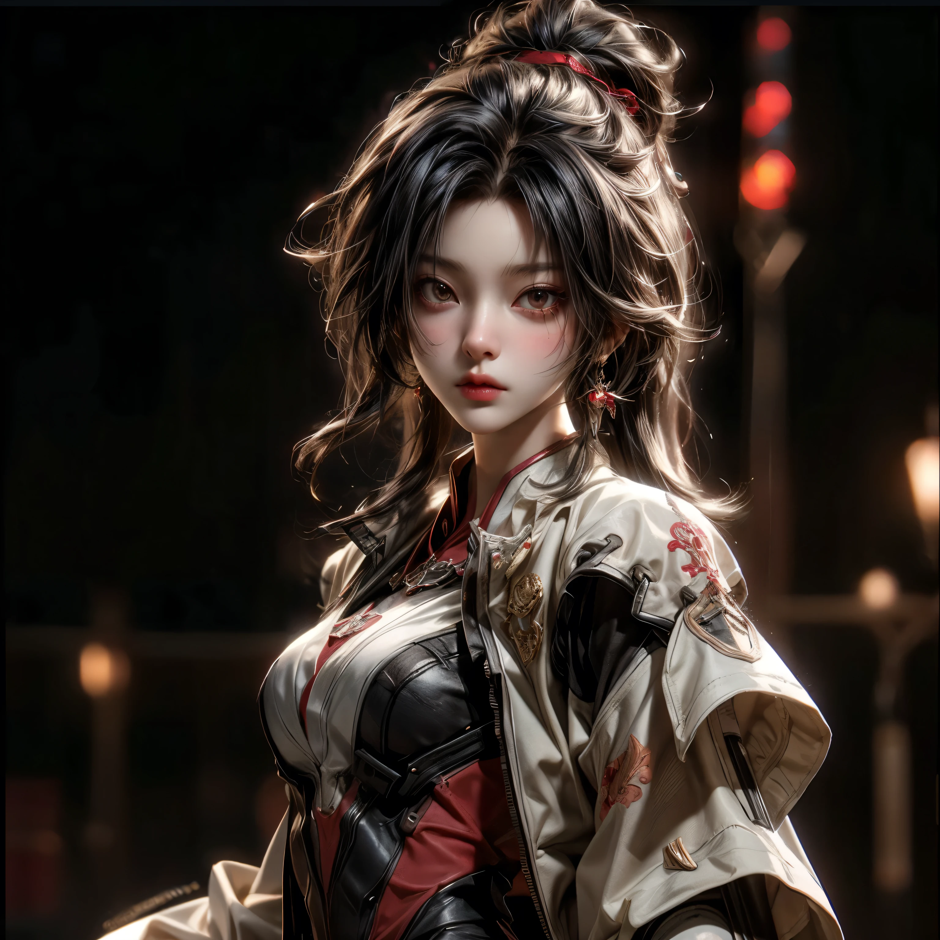 (best quality)), ((Masterpiece)), (details:1.4), 3d, HDR (high dynamic range), an image of a beautiful cyberpunk female, Cyberpunk, Fantasy, Ash gray hair, Long hair, Beautiful Red eyes, จมูกโด่ง, ปากแดง, หน้าอกใหญ่, nvidia RTX, PBR surface, After processing, Anisotropic filtration,depth of field, Maximum clarity and clarity, multi-layered surface, Subsurface scattering, perfect proportions, 8K raw files, ultra detailed, Perfect proportions, volumetric lighting, soft lighting, Holy Paladin, Heavy Red Armor, Red dress, glossy skin, intricate Red embroidery, Tower background, jewely, ต่างหู, นิ้วมือสมบูรณ์,