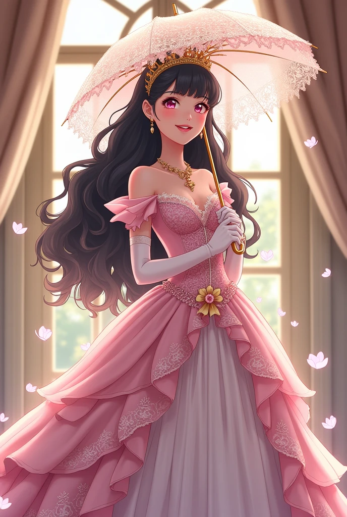 (best quality,4k,8k,highres,masterpiece:1.2),ultra-detailed, closed up portrait of a age boy who got magically transformed into a cute princess, gender bending, fantasy, royalty, fantastic transformation, Medium: Anime-style, portraits Additional details: Soft sunlight filters through the curtains, casting a warm glow on the room. pink eyes, long curly black hair, is happy, joyful expression, playful and feminine pose, effeminate and dainty body, very girly face, long eyelashes, beautifully detailed lips with lipstick, pink puffy victorian gown, dominant hues of pink and white, bodice with short sleeves, bustle, physically-based rendering,gorgeous dress design,flowing gown,elaborate lace details,rich textures,contrast stitching,delicate ribbon bows,floral accents, flowers embroidery,full skirt,long sleeves,fitted waistline,flared cuffs,lace-up back,luxurious fabrics,flawless silhouette, petticoat, bloomers, white elbow gloves, corset, tiara, gold earrings and necklace, ribbons, high heels, lipstick, makeup, blue eyeshadow, standing in a castle garden with a elegant manners, holding a lacy umbrella, glowing magical aura, masterpiece, dominant hues of pink and white, bokeh, highly detailed, 4K