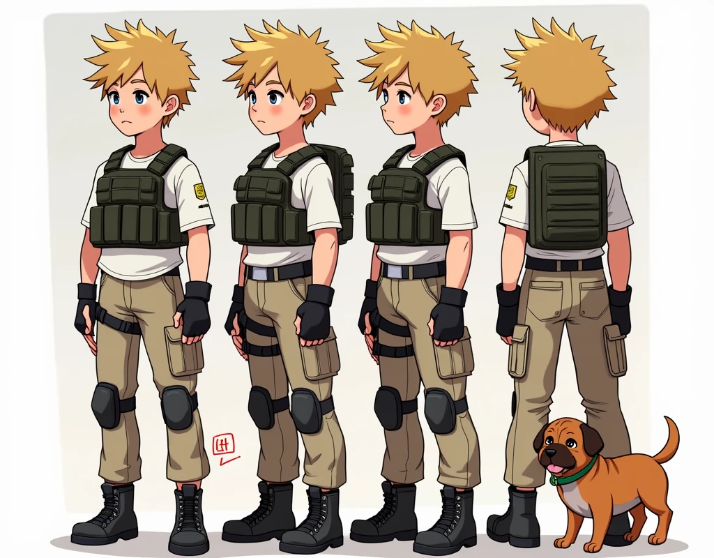 Standing boy, cute, 1 boy, , 4-sided design, Diagonals, front, back, profile, Head to body ratio 5, character sheet, whole body, simple background, Four perspectives, tactical gear, bulletproof vest, Good quality, high detail, Puppy Suin,Good quality, high detail, researcher,Pokemon bowser,ultra detailed, masterpiece, best quality, aesthetic, detailed