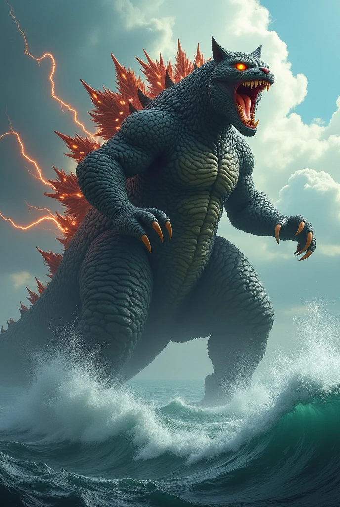 Cat merges with Godzilla, fighting, sea background, Godzilla cat, roaring