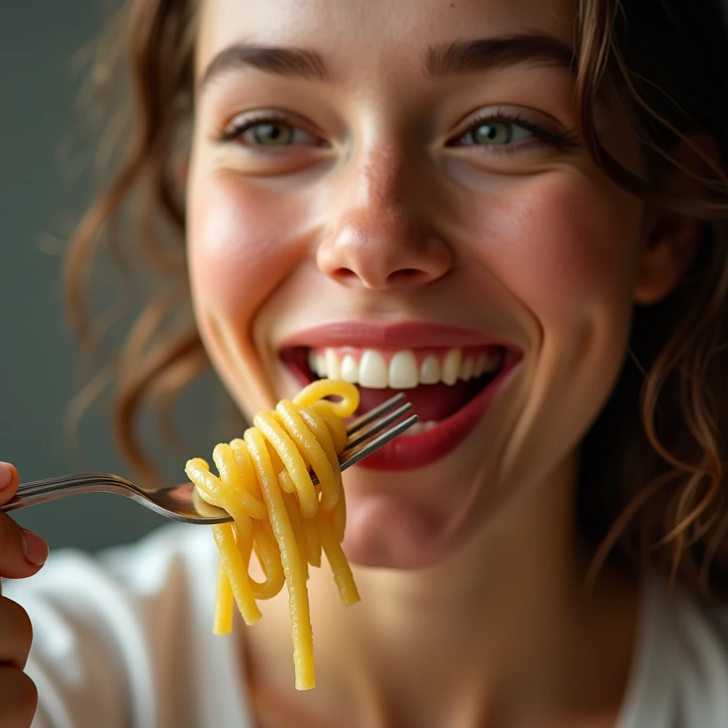 An ultra-realistic, highly detailed close-up of a young woman’s face, smiling warmly as she is about to put a forkful of pasta into her mouth. Her lips are gently parted, with her mouth slightly open in anticipation, ready to take a bite. The pasta is carefully twirled around the fork, with a few delicate strands hanging loose. Her eyes shine with a soft, joyful expression, and her focus is on the food as it approaches her lips. The lighting accentuates the smooth texture of her skin, capturing every pore, while softly illuminating her cheeks and lips. Her fingers hold the fork delicately, and the scene captures the precise moment when she is about to place the pasta into her open mouth, blending her gentle smile with a sense of anticipation and natural joy. Every detail — from the glistening pasta to the contours of her lips and the play of light across her face — is rendered with hyper-realistic precision, creating an intimate and lifelike moment.