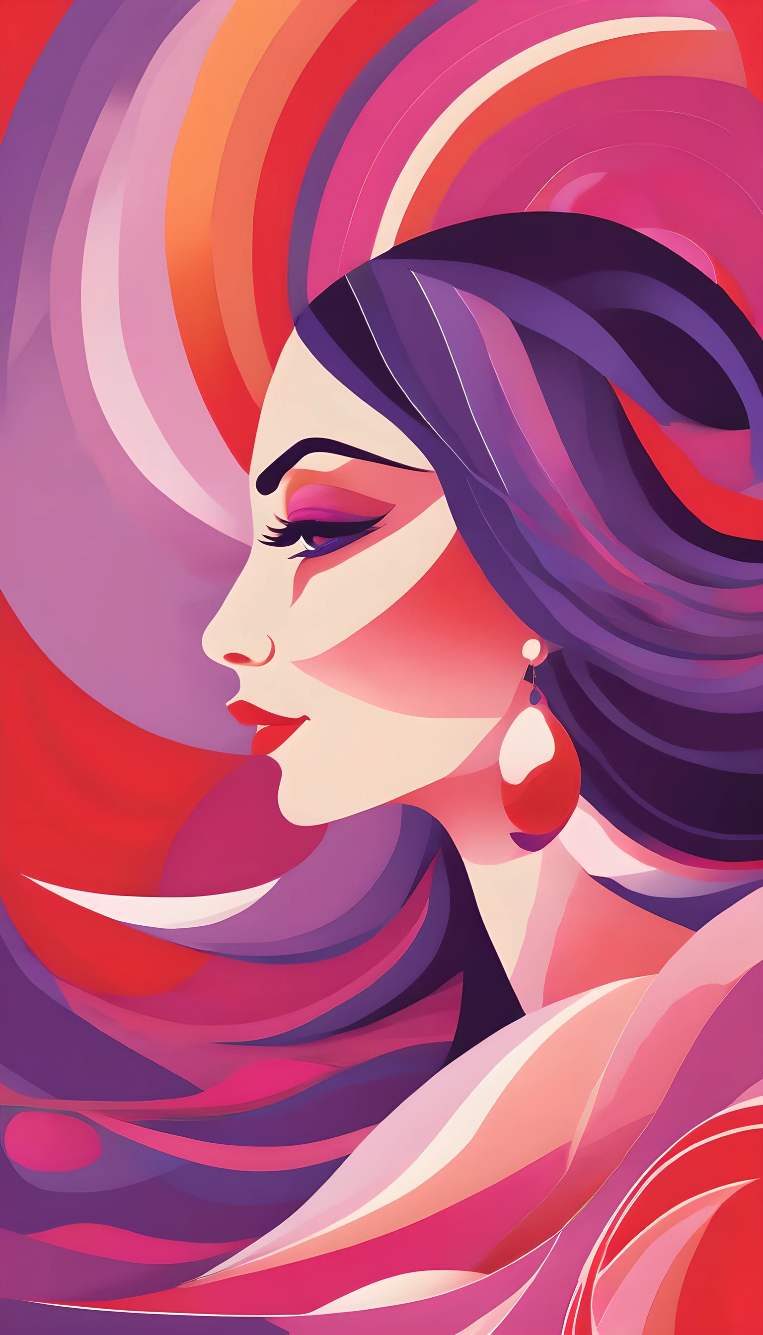 A stylized illustration of a Woman, with layers of color, in shades of pink and purple, set against a vibrant background with bold red lines that create dynamic patterns around the petal edges. The overall feel is playful yet sophisticated, suitable for modern art prints or digital illustrations. In the style of a children's book illustrator or warfare artist