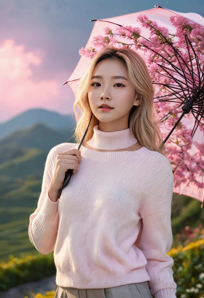 8k, master part, best qualityer, Photoshop, perfect lightning, ultra high-resolution, ultra detaild, Realistic, (Fotorrealisitic:1.4), Depth of field, 1girl , Linhka, candid pose, (8k, foto RAW, best qualityer, Masterpiece artwork:1.2), (realisitic, Fotorrealisitic:1.37),pretty girl, fly away:1.2,colorful landscape with pink sky and many pink flowers, day, profesional lighting, photon maping, radiosity, Physically-based rendering, Double white shoulder sweater, slenderbody, ssmile, asian woman with blonde hair, Facing forward, fully body, Exquisite face, clear eyes, longye hair, perfectbody,gazing at viewer, holding an umbrella, necklase, duffel bag, 5-fingered hand,little clothing,sexly, small breast,wide hip