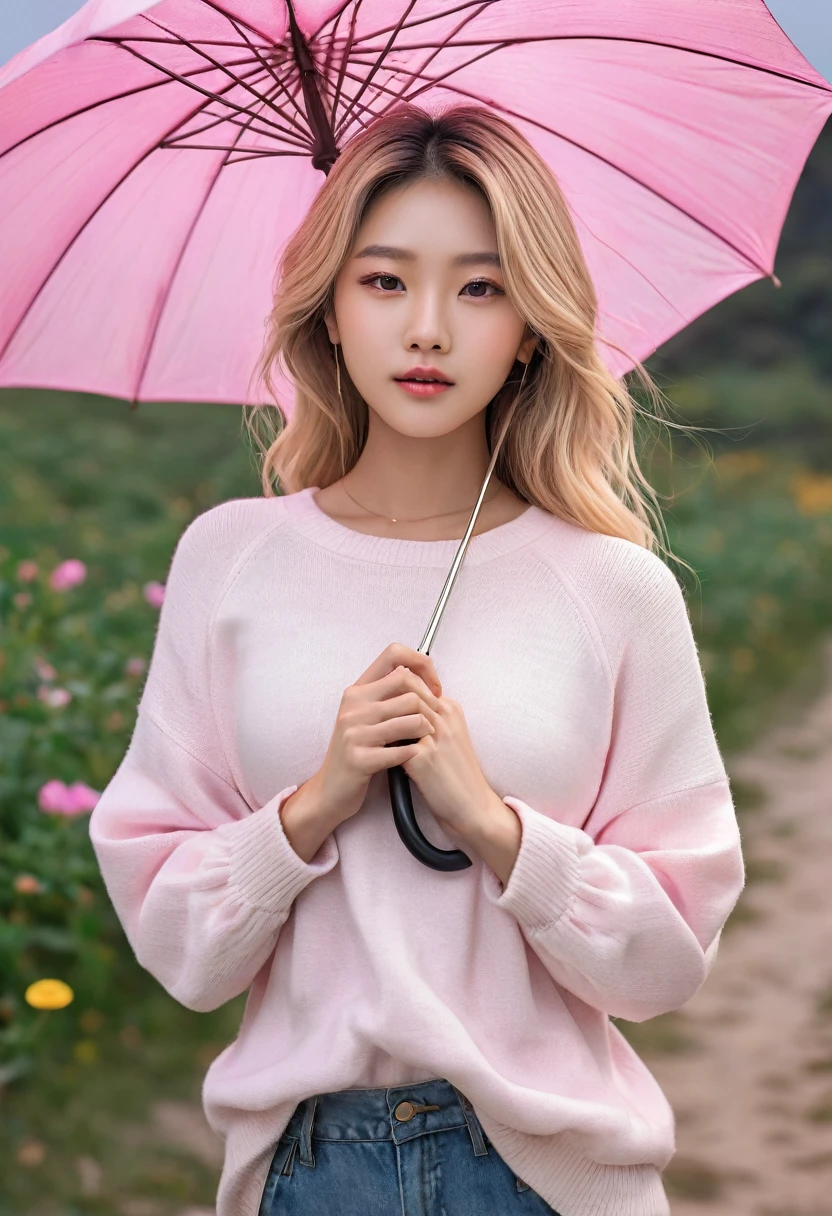 8k, master part, best qualityer, Photoshop, perfect lightning, ultra high-resolution, ultra detaild, Realistic, (Fotorrealisitic:1.4), Depth of field, 1girl , Linhka, candid pose, (8k, foto RAW, best qualityer, Masterpiece artwork:1.2), (realisitic, Fotorrealisitic:1.37),pretty girl, fly away:1.2,colorful landscape with pink sky and many pink flowers, day, profesional lighting, photon maping, radiosity, Physically-based rendering, Double white shoulder sweater, slenderbody, ssmile, asian woman with blonde hair, Facing forward, fully body, Exquisite face, clear eyes, longye hair, perfectbody,gazing at viewer, holding an umbrella, necklase, duffel bag, 5-fingered hand,little clothing,sexly, small breast,wide hip