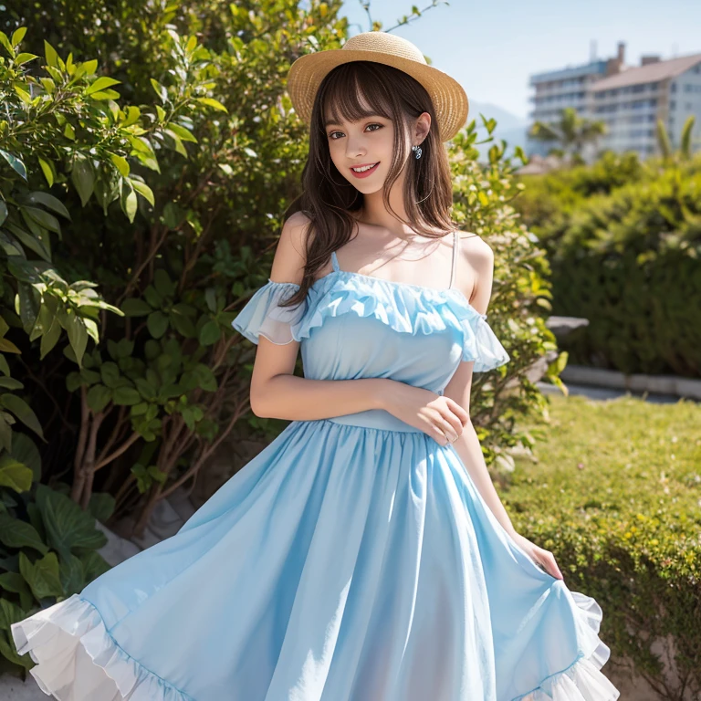 laughing out loud,(knee shot), 1 girl, light brown hair, blunt bangs, hair behind ears, Hair over the shoulders, long hair, Slender body type, Super thin face, face slimming, delicate lips, beautiful eyes, Thin blush, Eyes are light brown,Check it out here, (realistic:1.3), 8k, , Super detailed, high quality, best quality, High resolution, (Full breasts), 3, , (gauze skirt), (Tutu), wearing a light blue dress, Cute and elegant pose, (((Gauze puffy dress))), gauze skirt, five layer gauze skirt, There is petticoat inside the skirt,The dress is made of chiffon,Soft and fluffy dress, elegant, (Stand on the beach), wearing a straw hat, light blue dress,long skirt. hand on hat, chiffon dress