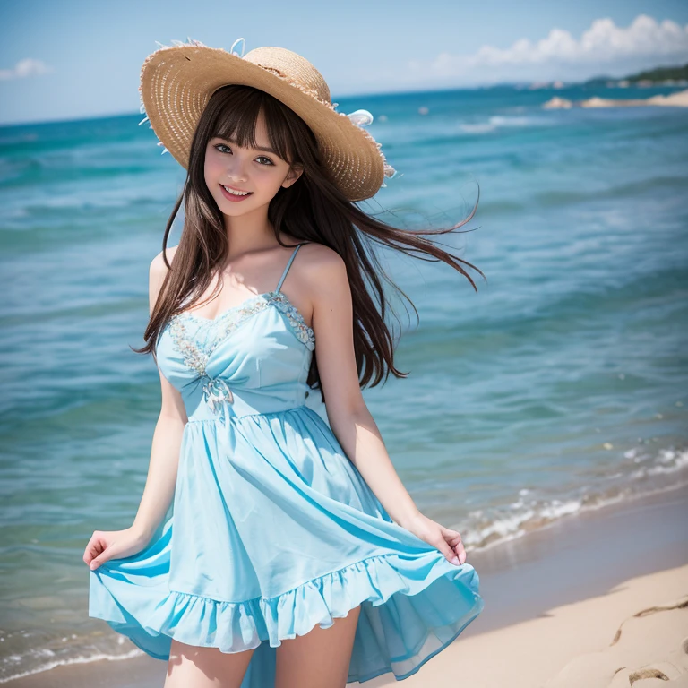 laughing out loud，(knee shot), 1 girl, light brown hair, blunt bangs, hair behind ears, Hair over the shoulders, long hair, Slender body type, Super thin face, face slimming, delicate lips, beautiful eyes, Thin blush, Eyes are light brown,Check it out here, (realistic:1.3), 8k, , Super detailed, high quality, best quality, High resolution, (Full breasts), 3, , (gauze skirt), (Tutu), wearing a light blue dress, Cute and elegant pose, (((Gauze puffy dress))), gauze skirt, five layer gauze skirt, There is petticoat inside the skirt，The dress is made of chiffon，Soft and fluffy dress, elegant, (Stand on the beach), wearing a straw hat, light blue dress,long skirt. hand on hat, chiffon dress