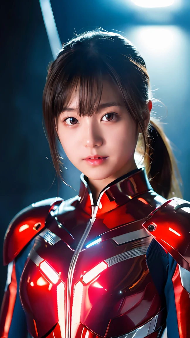 Ultraman、realistic、realistic、cinematic lighting, Girl in a shiny red and silver suit、、professional photos、Don'Do not expose your skin, japanese model, japanese cgi、Ultraman Suit、, Power Rangers Suit、tight and thin cyber suit,Whole body rubbery、There's pink There、 delicate body, big breasts、small ass、thin thighs、thin arms、thin waist、camel toe、Both sides of the cyber suit stick to the skin、Big eyes、black short hair、facing the front、facing the front立っている、A glowing sphere is embedded in the chest.、Essay Examination、 blue sky background