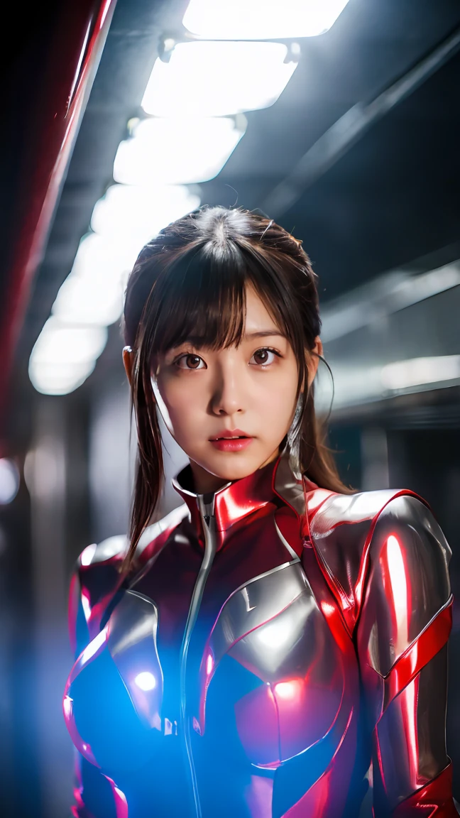 Ultraman、realistic、realistic、cinematic lighting, Girl in a shiny red and silver suit、、professional photos、Don'Do not expose your skin, japanese model, japanese cgi、Ultraman Suit、, Power Rangers Suit、tight and thin cyber suit,Whole body rubbery、There's pink There、 delicate body, big breasts、small ass、thin thighs、thin arms、thin waist、camel toe、Both sides of the cyber suit stick to the skin、Big eyes、black short hair、facing the front、facing the front立っている、A glowing sphere is embedded in the chest.、Essay Examination、 blue sky background