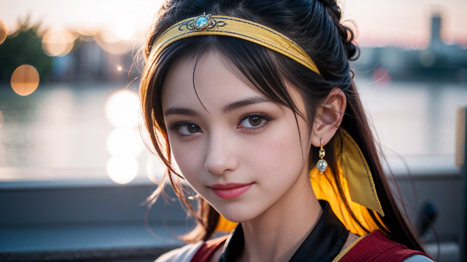 masterpiece, Highest quality, Highest quality, (Intricately detailed:1.2), Beautiful Eyes, One girl, alone, Outdoor, blue sky, cloudy, Bokeh, Lens flare, anamorphic Lens flare, Depth of written boundary, Fascinating face, Captivating smile, henna_Ruin, Yellow Hair, Red headband,