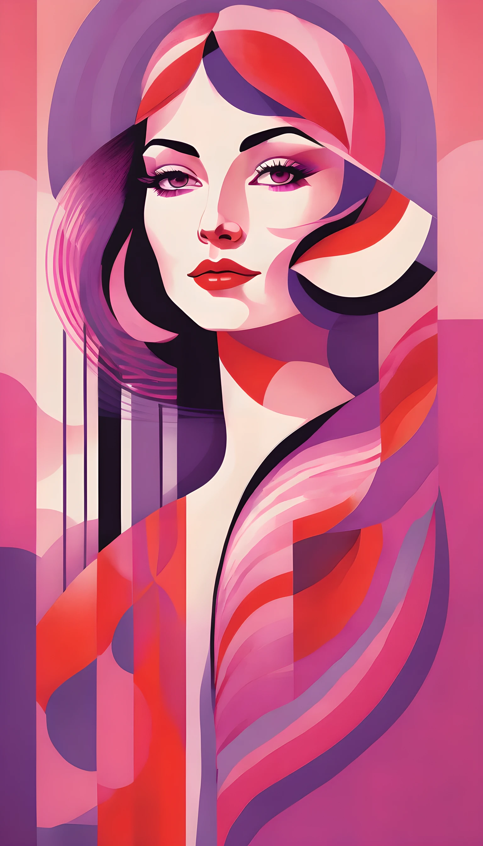 A stylized illustration of a Woman, with layers of color, in shades of pink and purple, set against a vibrant background with bold red lines that create dynamic patterns around the petal edges. The overall feel is playful yet sophisticated, suitable for modern art prints or digital illustrations. In the style of a children's book illustrator or warfare artist