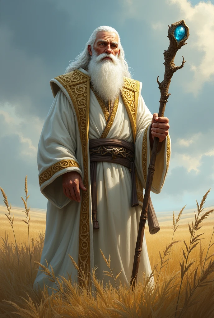 magician, strong appearance, older, Straight white hair down to the shoulders, white beard down to the chest, old white tunic with golden runes on the edges, simple oak staff with blue stone on top, in background whith, the prairie