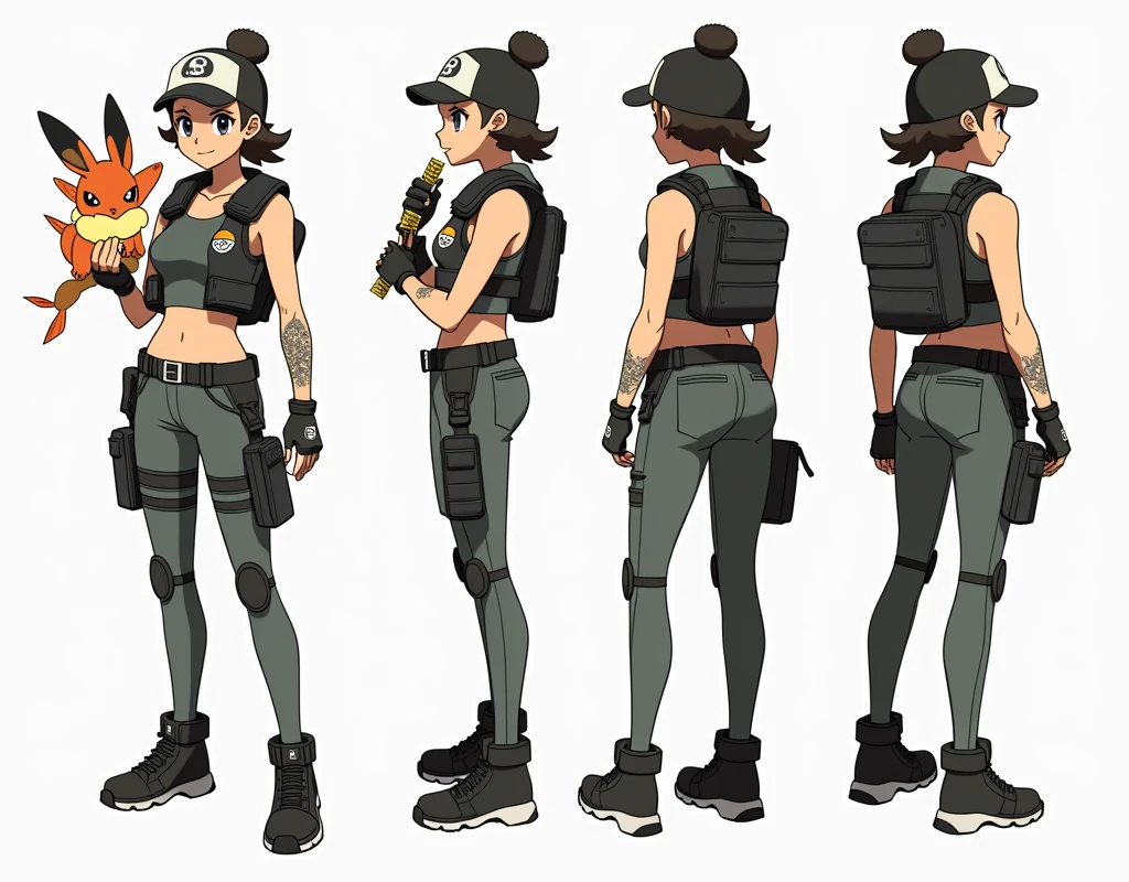 Sonia,pokemon,Standing Girl, cute, 1 girl, , 4-sided design, Diagonals, front, back, profile, Head to body ratio 5, character sheet, whole body, simple background, Four perspectives, tactical gear, bulletproof vest, Good quality, high detail, researcher,Pokemon bowser,ultra detailed, masterpiece, best quality, aesthetic, detailed
