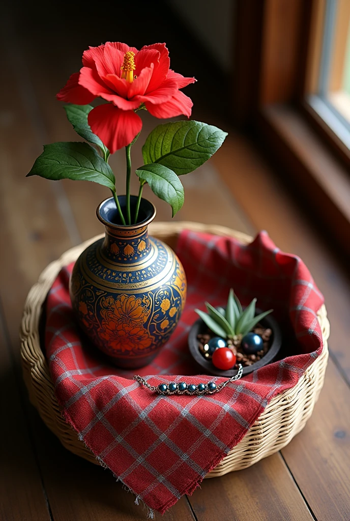 Cambodian vase, romdoul flower, pandora bracelet, krama cloth half covering other items in a basket from top view

