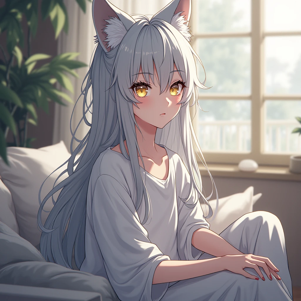 Anime, Demi-Human, Wolf, Long silver hair is a little messy, Gold eyes, white skin, wolf ears, Silver wolf tail, baggy shirt and pants, sit on the couch, 25 years