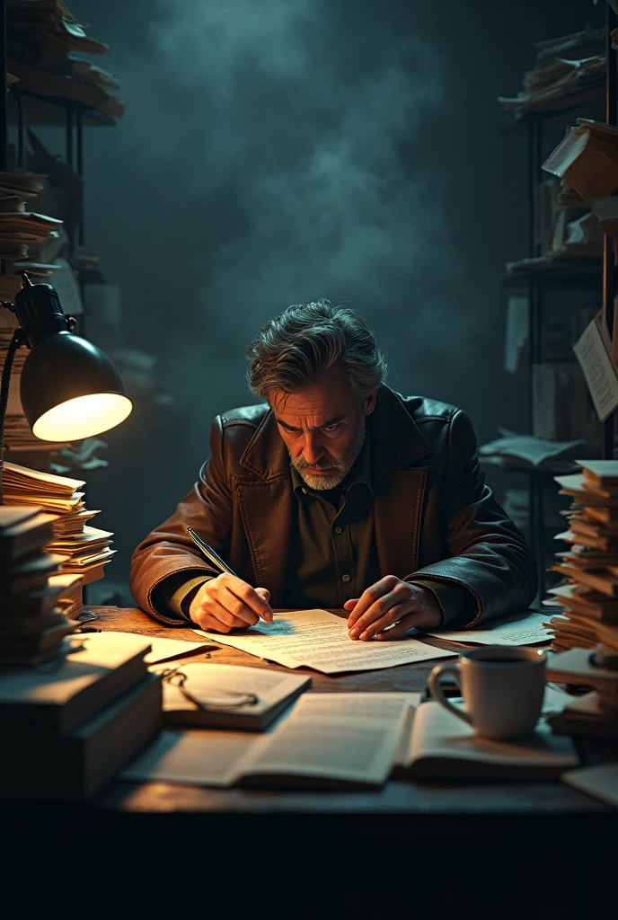 "4K image, hyper-realistic of a detective deep in thought in a messy office with scattered files and notes."