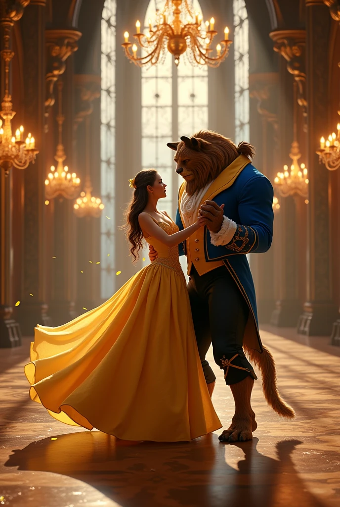 Beauty and the Beast are dancing in the castle