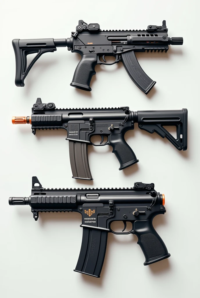 A design that lets you imagine choosing one from a variety of guns No people needed Guns only 「custom」I want the logo to be included. There are three guns. It's like a logo that can be used in the game. So that you can see that you can change the gun.