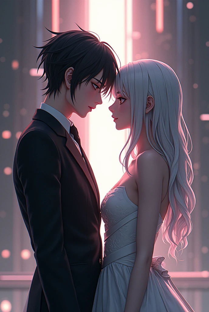 Sanakan and Cibo from Blame! Manga in a wedding dress), (sci-fi theme) Eyes staring at each other, suit black hair, dress striking silver hair, Futuristic atmosphere of the outfit A soft but bright light shines from above. Intimate and romantic atmosphere Highly detailed, exceptionally detailed, cinematic quality, emotionally charged scenes.
