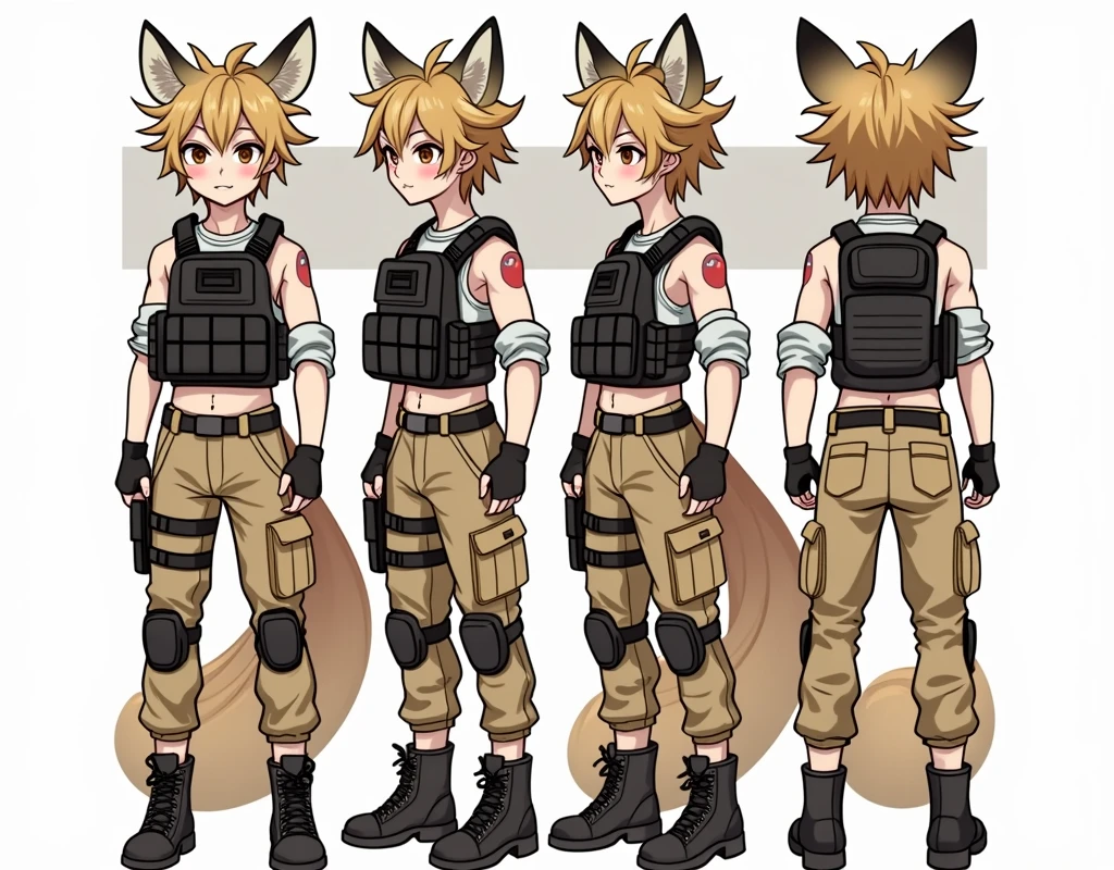 Standing boy, cute, 1 boy, , 4-sided design, Diagonals, front, back, profile, Head to body ratio 5, character sheet, whole body, simple background, Four perspectives, tactical gear, bulletproof vest, Good quality, high detail, Puppy Suin,Good quality, high detail, researcher,Pokemon bowser,ultra detailed, masterpiece, best quality, aesthetic, detailed
