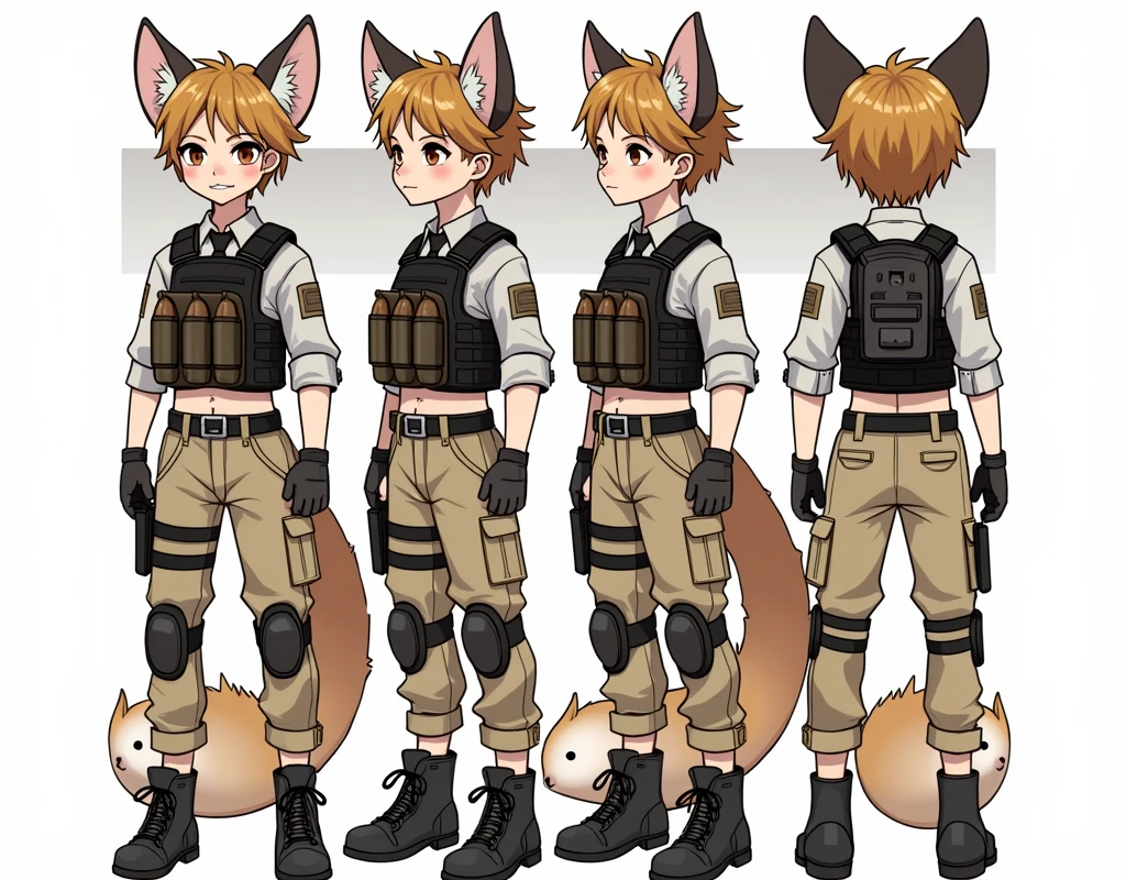 Standing boy, cute, 1 boy, , 4-sided design, Diagonals, front, back, profile, Head to body ratio 5, character sheet, whole body, simple background, Four perspectives, tactical gear, bulletproof vest, Good quality, high detail, Puppy Suin,Good quality, high detail, researcher,Pokemon bowser,ultra detailed, masterpiece, best quality, aesthetic, detailed