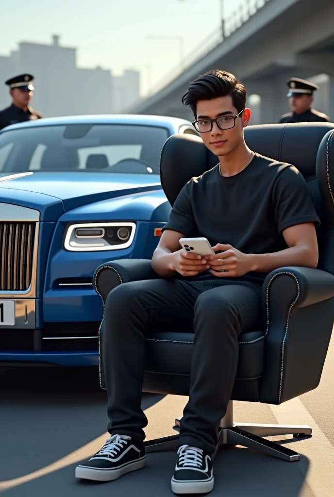 Create a 3D illustration featuring a realistic 20 year-old beautiful young Boy with black shirt and black s, white iPhone 15 pro max holding in hand on a Wingback chair, wearing sneakers, beautiful hair, luxury transparent glasses, he looks ahead. Blue ROLLS ROYCE Ghost of side, with name "multi" Write on Number plate, 3d art painting realistic photo with two security guard in my background With security dressing, on Dubai biggest highway