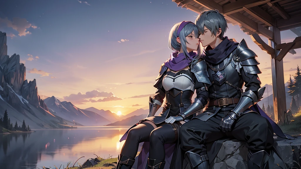 1girl, 1boy, (best quality, beruka, gauntlets), armor, purple scarf, black gloves, pants, boots, bandana on the head, sitting, in front, trees, mountain, beautiful scenery in the background, soft sunset, subtle reflections on the ground. Kissing 