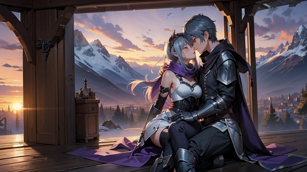 1girl, 1boy, (best quality, beruka, gauntlets), armor, purple scarf, black gloves, pants, boots, bandana on the head, sitting, in front, trees, mountain, beautiful scenery in the background, soft sunset, subtle reflections on the ground. Kissing 