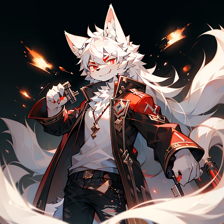 alone person, single, teenage boy, white wolf, long white hair, furry, ears fluffy wolf, eyesbrown white, red eyes, big wolf, high quality, high resolution, masterpiece, detail, jacket, white shirt, torn black pants, angry, smiling, face staring in behind, holding the death stick,